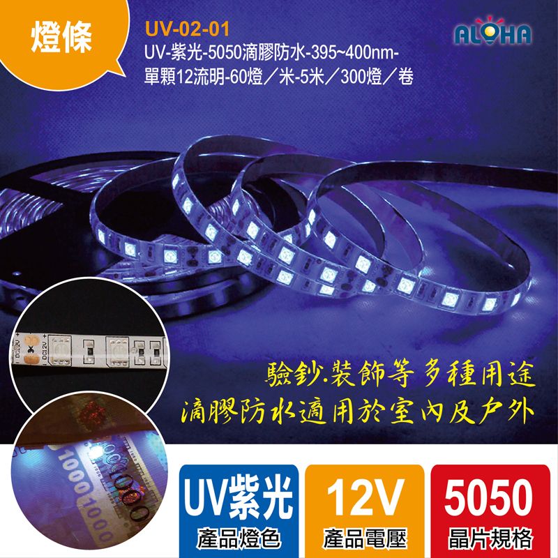 UV-紫光-5050滴膠防水-395~400nm-單顆12流明-60燈／米-5米／300燈／卷